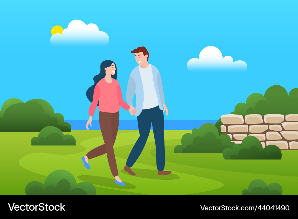 Couple walking in forest or park lovers man Couple walking in forest or park lovers man vector image
