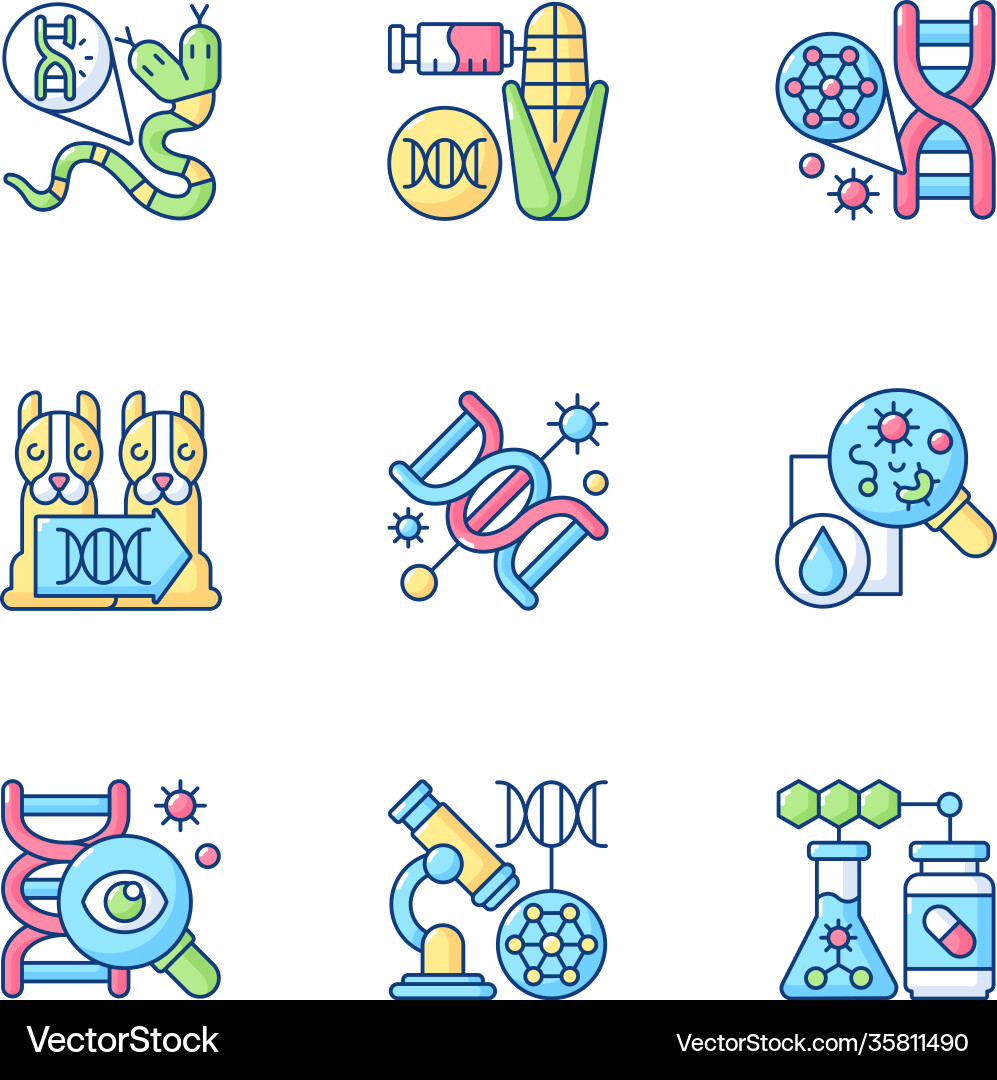 Dna structure experiment rgb color icons set Vector Image