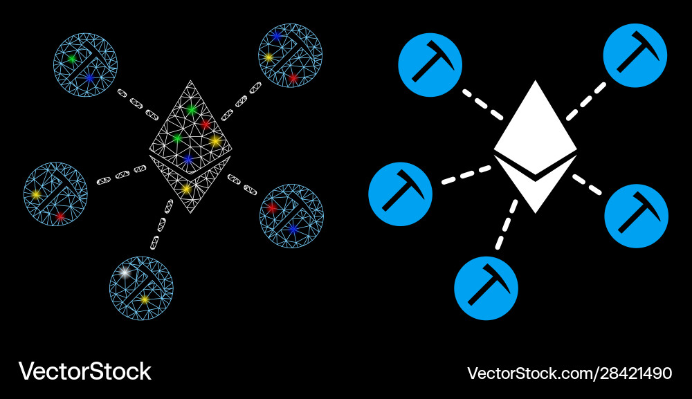 Glowing mesh wire frame ethereum mining pool icon vector image