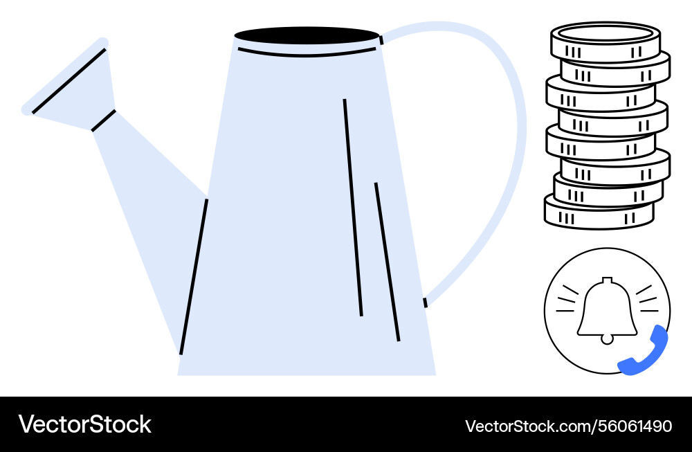 Watering can with stacked coins and notification Watering can with stacked coins and notification Vector Image