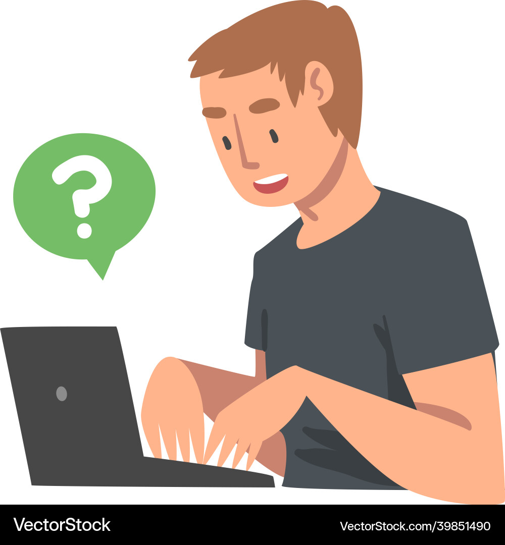 Young man character asking question using internet vector image