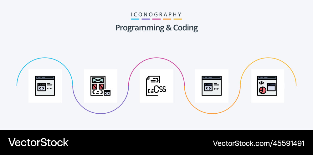 Programmierung und Kodierung Linie gefüllt flach 5 Icon vektorbild