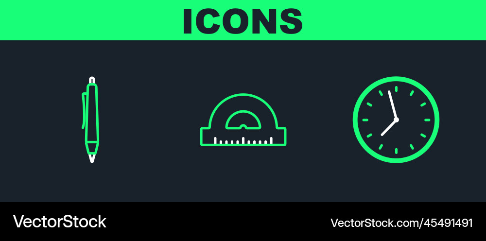 Set line clock pen and protractor grid vector image