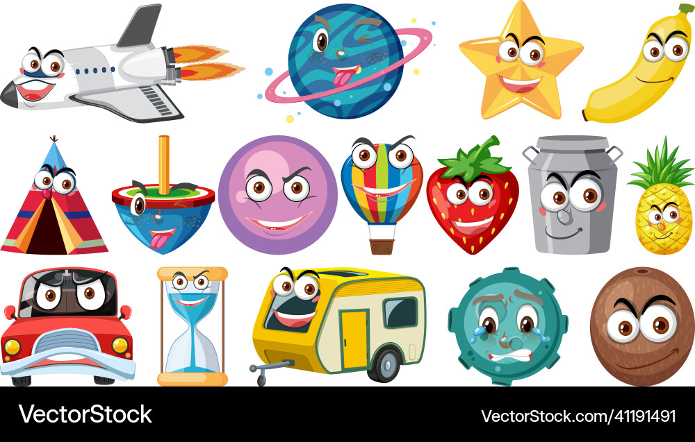 Set of different toy objects with smiley faces Set of different toy objects with smiley faces vector image