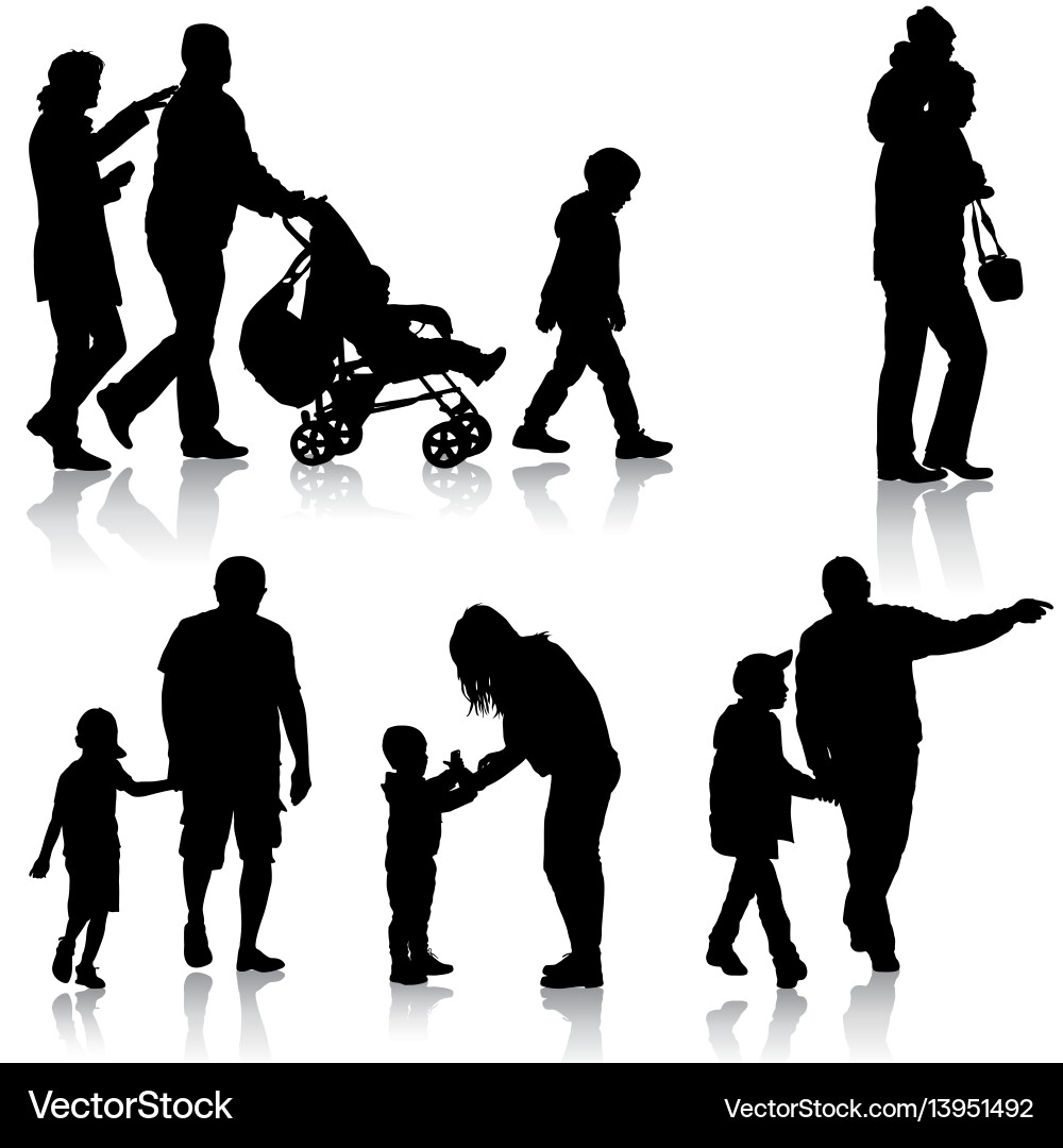 Set black silhouettes family with pram on white Set black silhouettes family with pram on white vector image