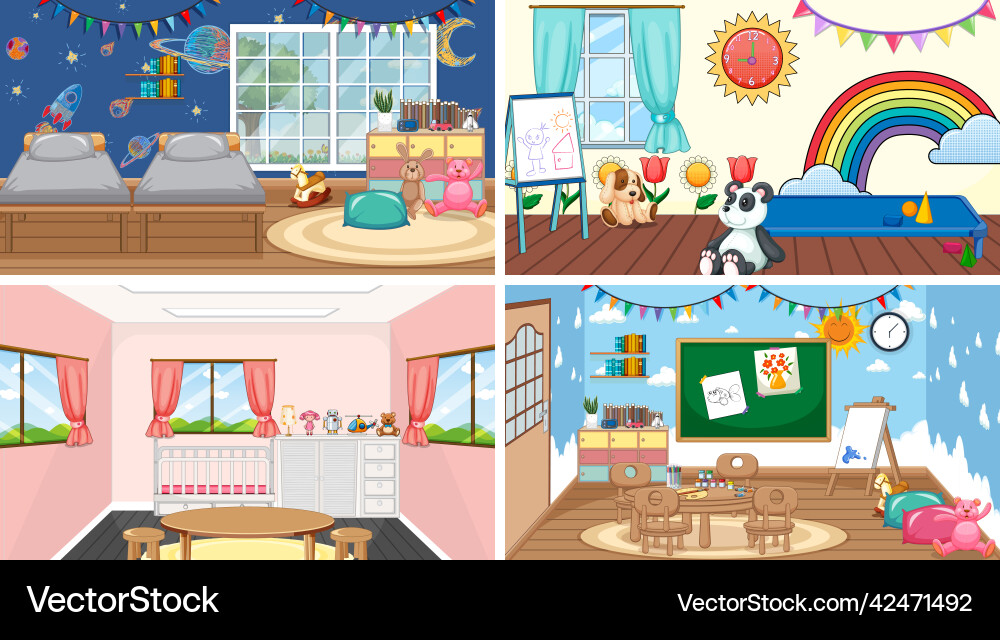 Set of different kindergarten classroom scenes Set of different kindergarten classroom scenes vector image
