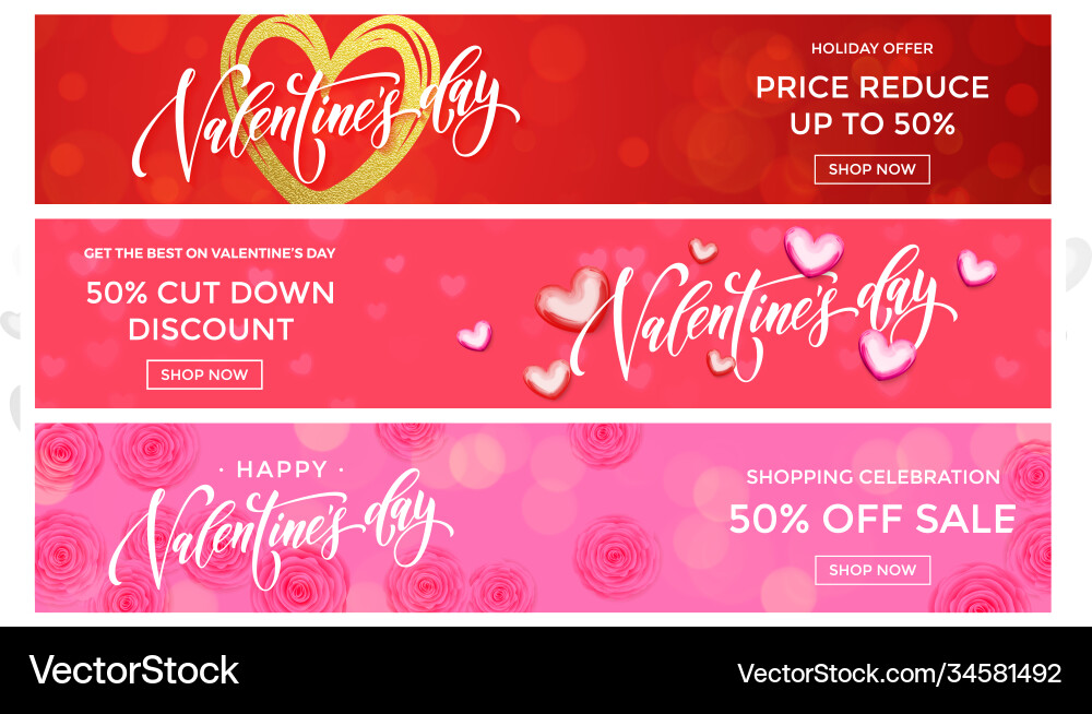 Valentine day sale banners design template golden Valentine day sale banners design template golden vector image