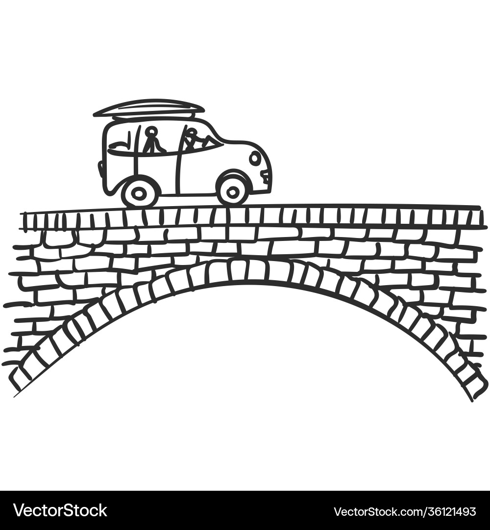Car on bridge doodle small vehicle with two stick Car on bridge doodle small vehicle with two stick vector image