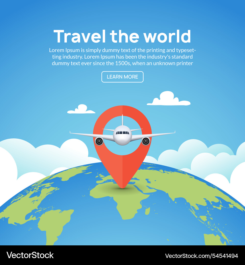 Airplane with travel location pin over globe under Airplane with travel location pin over globe under vector image