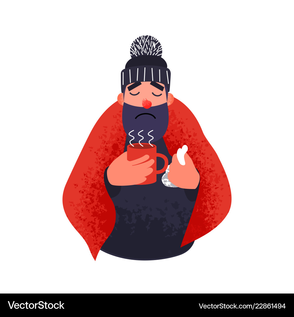Cold man in a rug holds cup sick young person Cold man in a rug holds cup sick young person vector image
