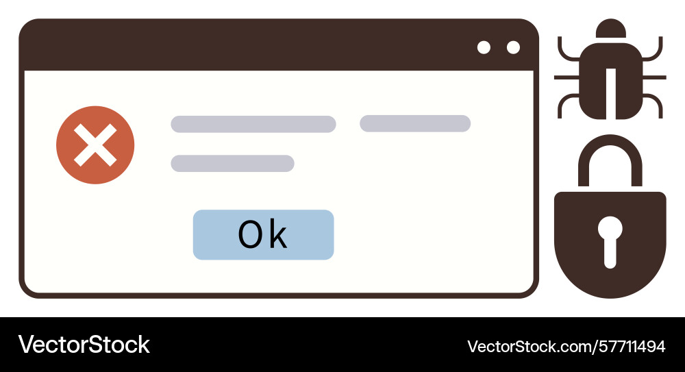 Error message window with bug and security lock Error message window with bug and security lock vector image