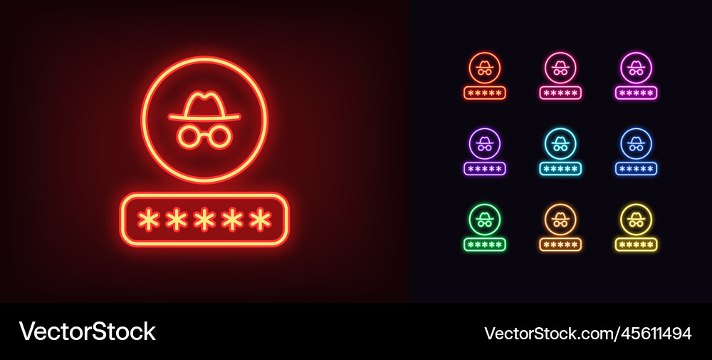 Outline neon password icon set glowing input Vector Image
