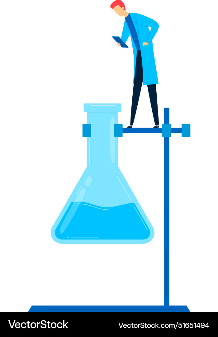 Scientist observing large blue fluidfilled beaker Vector Image