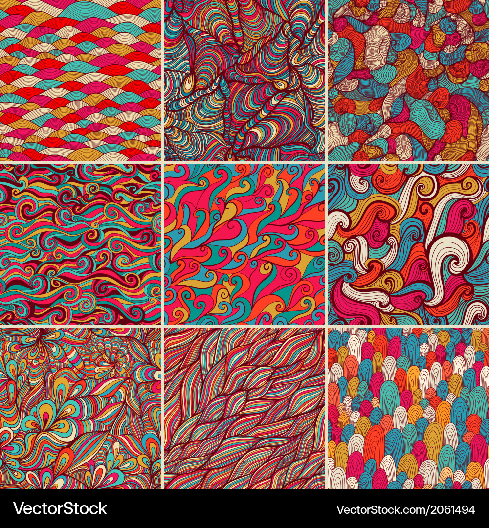Set of 9 colorful wave patterns seamlessly vector image