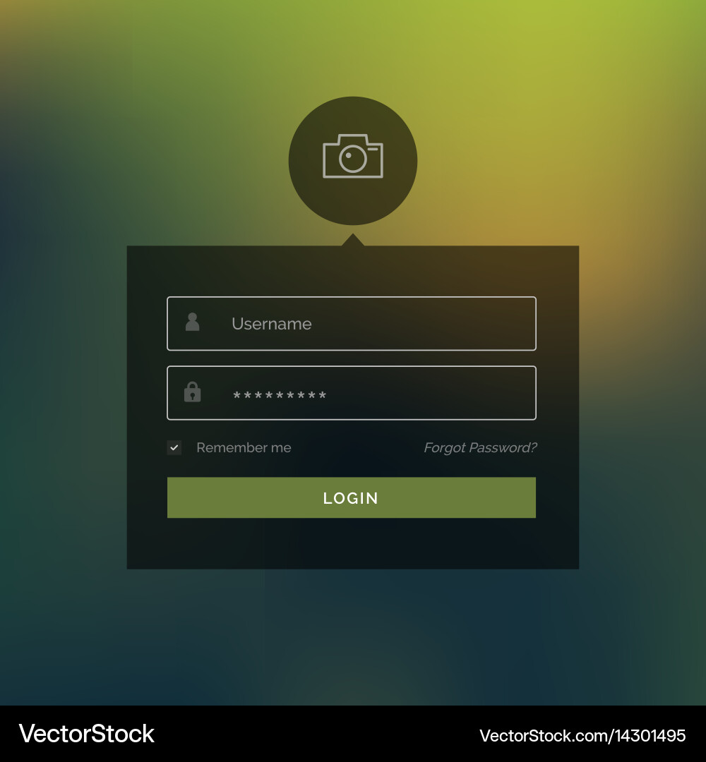 Dark login form with line camera icon on blurred vector image