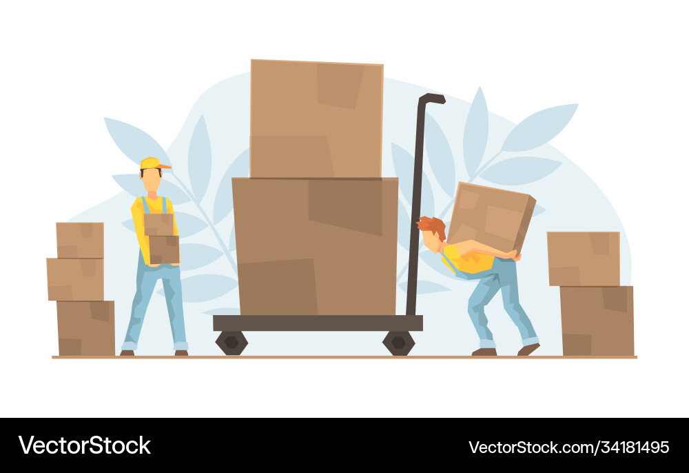 Tiny warehouse workers loading huge boxes on cart Tiny warehouse workers loading huge boxes on cart vector image