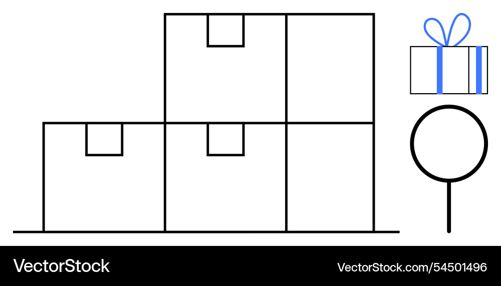 Stack of boxes with magnifying glass and wrapped Stack of boxes with magnifying glass and wrapped vector image