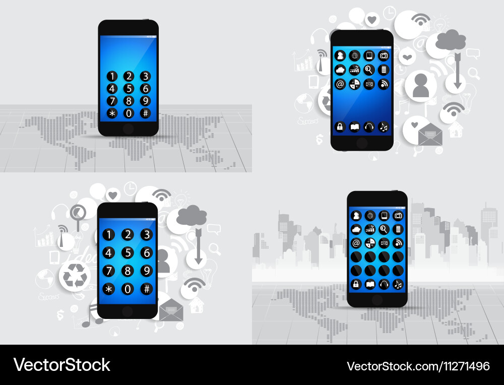 Touchscreen device with cloud of application icons vector image