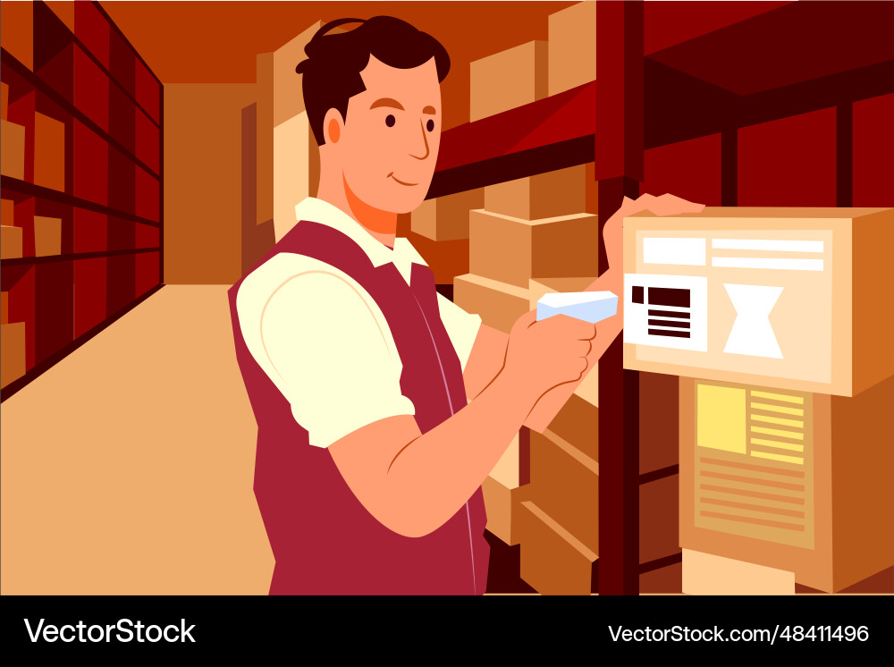 Warehouse worker scanning box while smiling Warehouse worker scanning box while smiling Vector Image