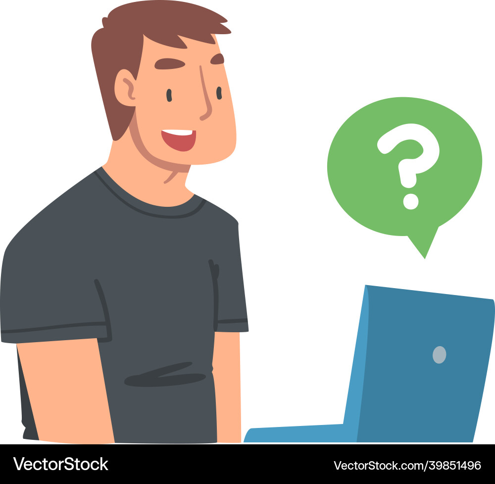 Young man character asking question using internet Young man character asking question using internet vector image