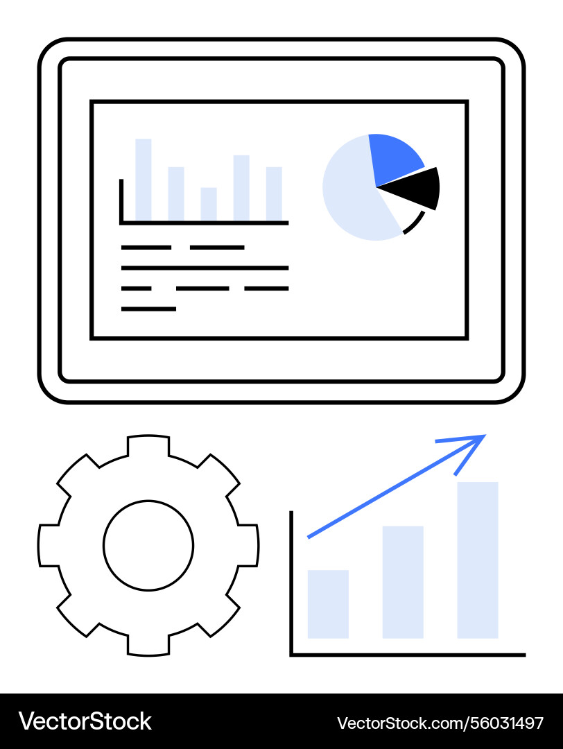 Tablet displaying analytics with graphs and gear Tablet displaying analytics with graphs and gear vector image