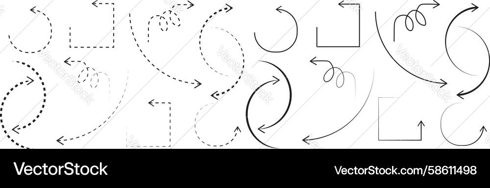 Arrow shapes collection curved dashed c Vector Image