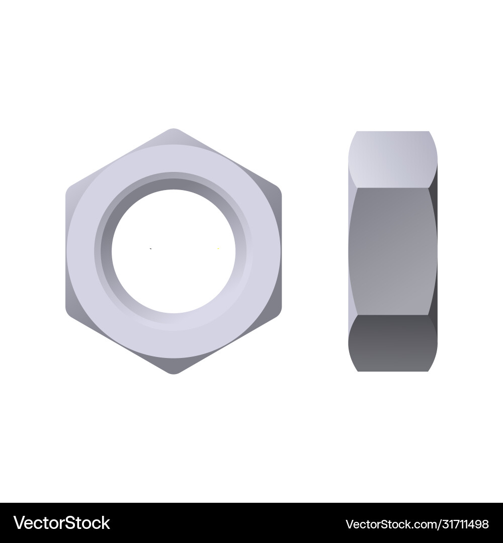Hexagonal nut top and side view in realistic style Vector Image
