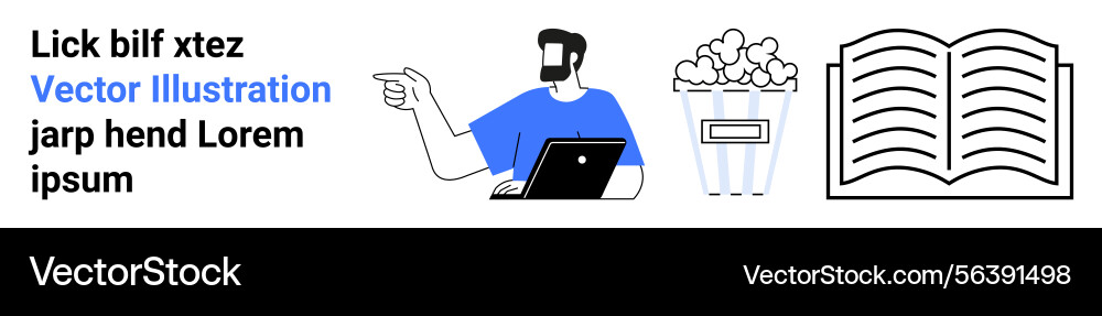 Man with laptop pointing at open book and popcorn Man with laptop pointing at open book and popcorn vector image