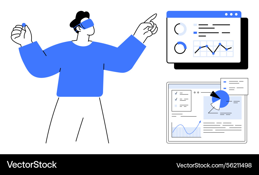 Person using virtual reality for analyzing data Person using virtual reality for analyzing data vector image