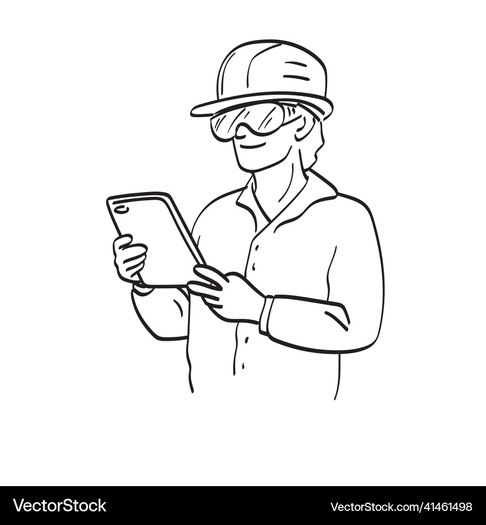 Smiling young engineer in hardhat is using Vector Image