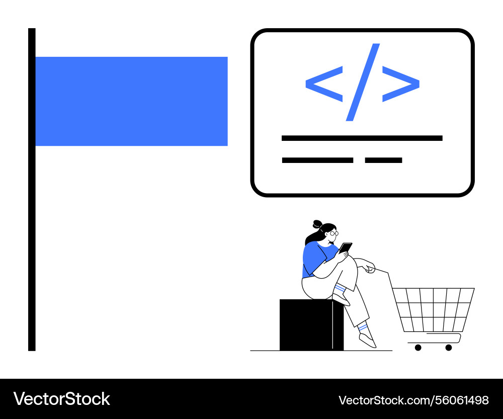 Woman with shopping cart coding interface tab Vector Image