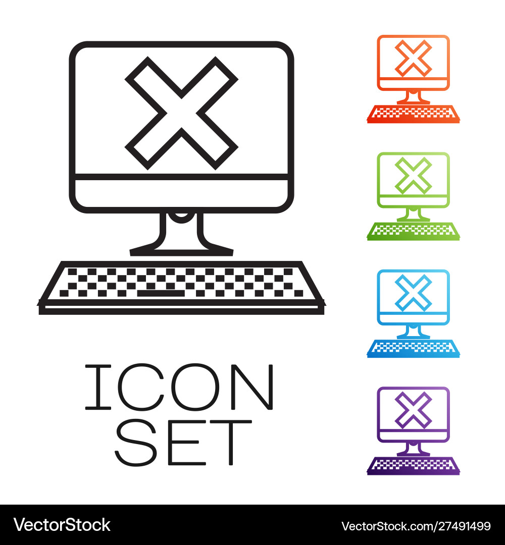 Black line computer with keyboard and x mark icon Vector Image