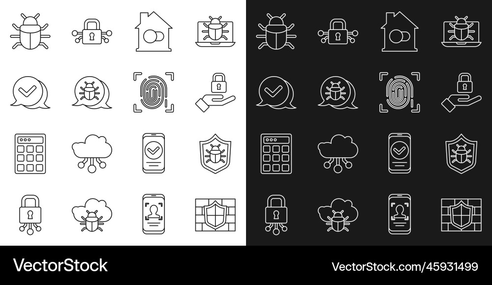 Set line shield with brick wall system bug lock Set line shield with brick wall system bug lock vector image
