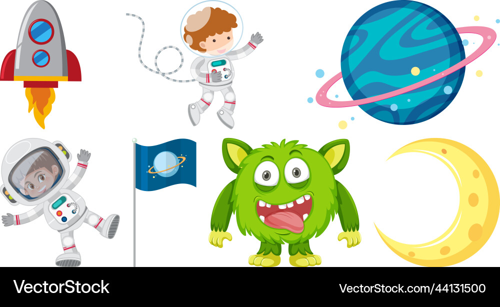 Set of space cartoon characters and objects Set of space cartoon characters and objects vector image