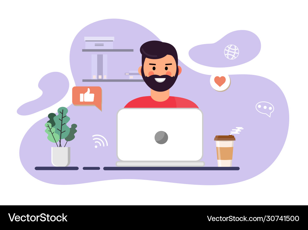 Tired man working on computer vector image