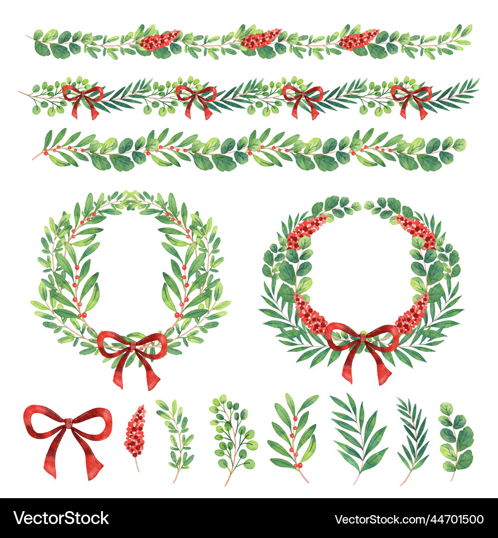 Watercolor Christmas Garland & Ornament Set Vector Image