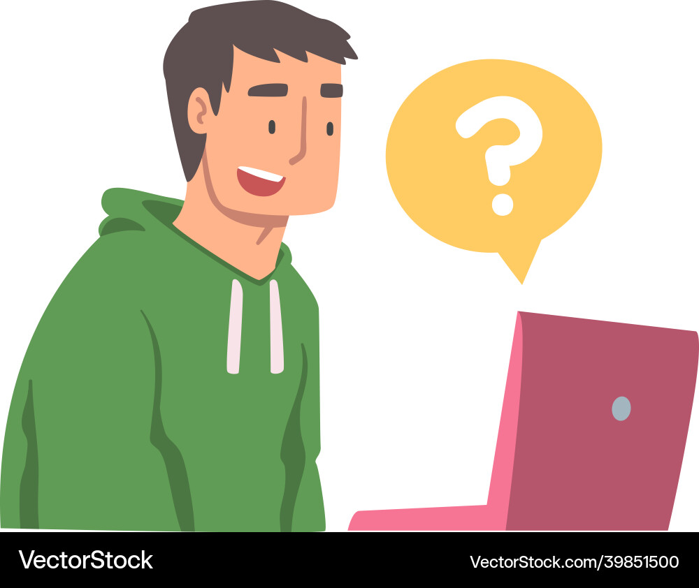 Young man character asking question using internet Young man character asking question using internet vector image