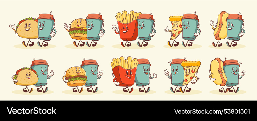 Groovy coffee and street food snacks retro Groovy coffee and street food snacks retro vector image