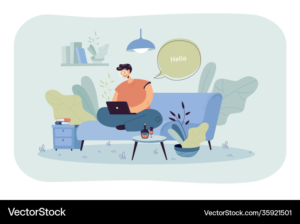 Happy guy sitzen auf Sofa und arbeiten von zu Hause Happy guy sitzen auf Sofa und arbeiten von zu Hause vektorbild