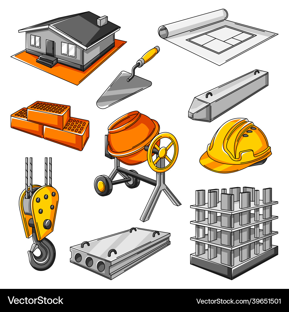 Icon set of housing construction items industrial Icon set of housing construction items industrial vector image