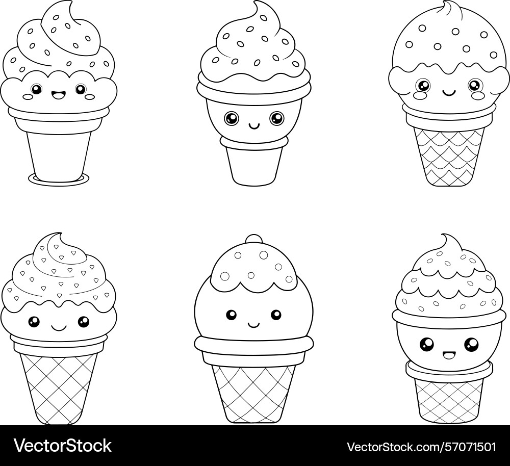 Kawaii Ice Cream Cones - Coloring Pages – Royalty-Free Vector | VectorStock, image size:1000x914