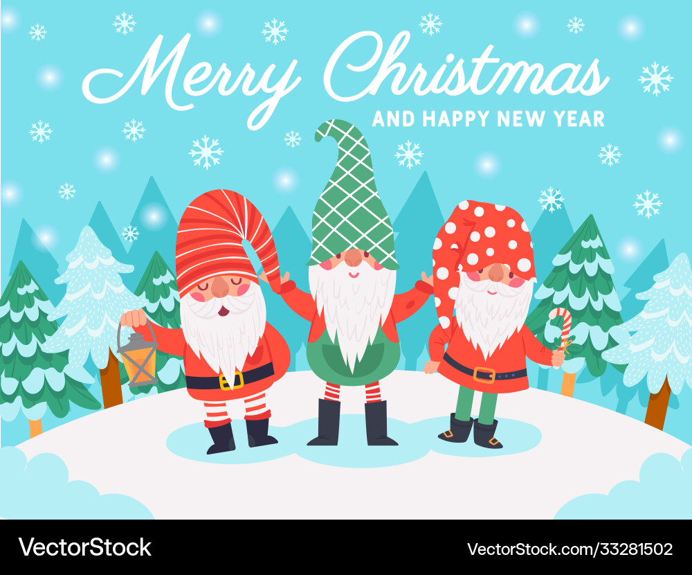 Gnomes christmas characters xmas greeting card Gnomes christmas characters xmas greeting card vector image