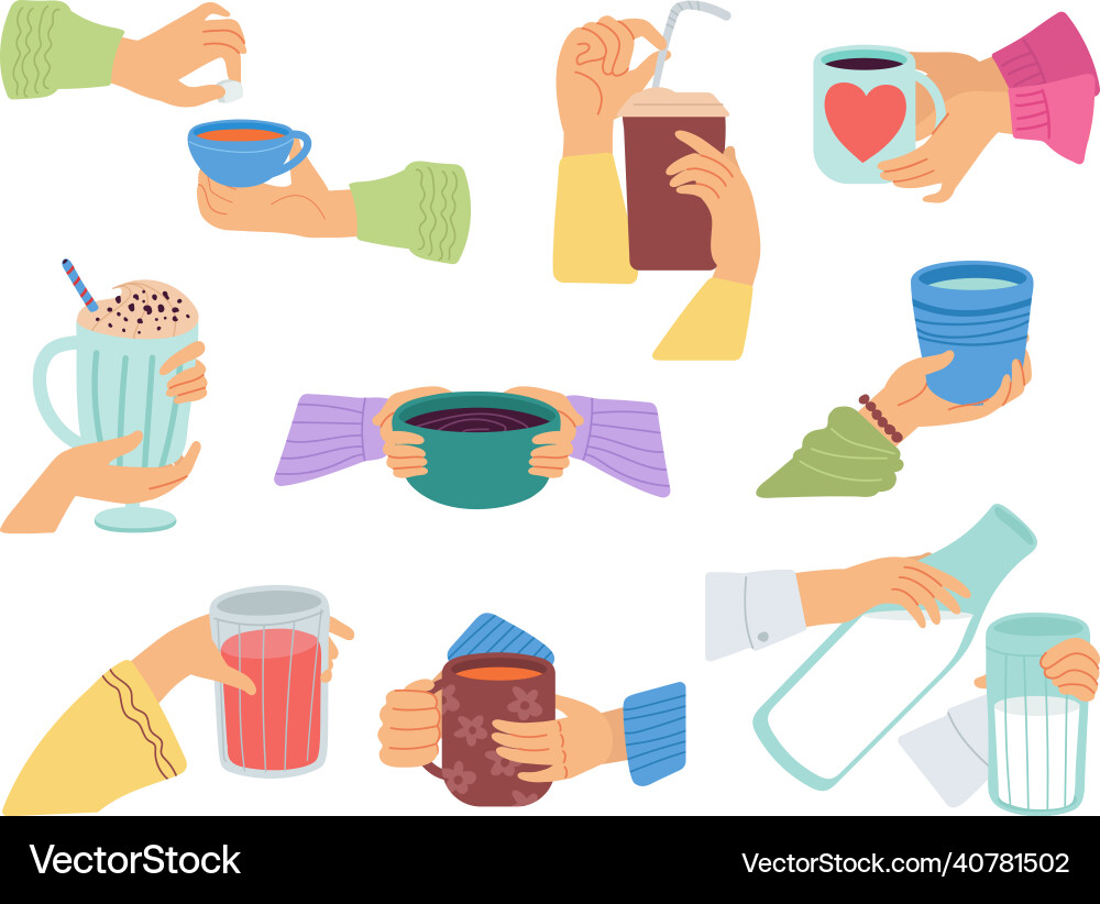 Hands holding beverages latte and tea coffee mug Hands holding beverages latte and tea coffee mug vector image