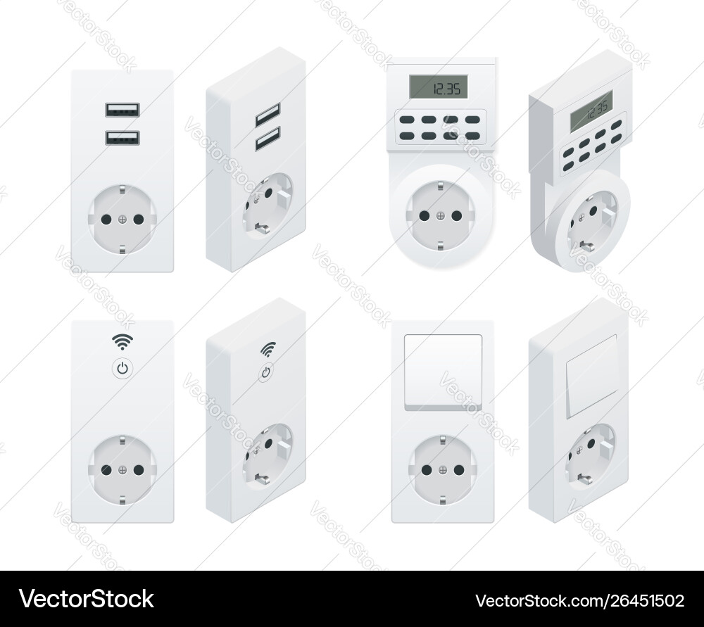 Isometric switches and sockets set all types ac Isometric switches and sockets set all types ac vector image