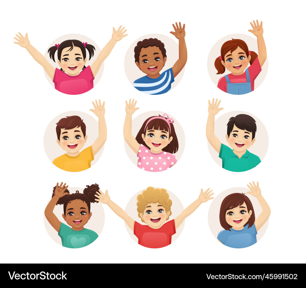 Lächelnde Kinder Avatare waving Hände Lächelnde Kinder Avatare waving Hände vektorbild