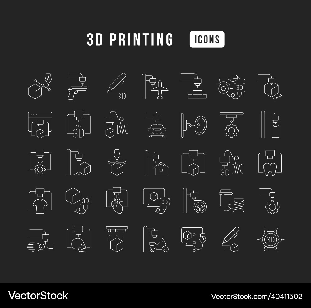 Set of linear icons 3d printing Set of linear icons 3d printing vector image