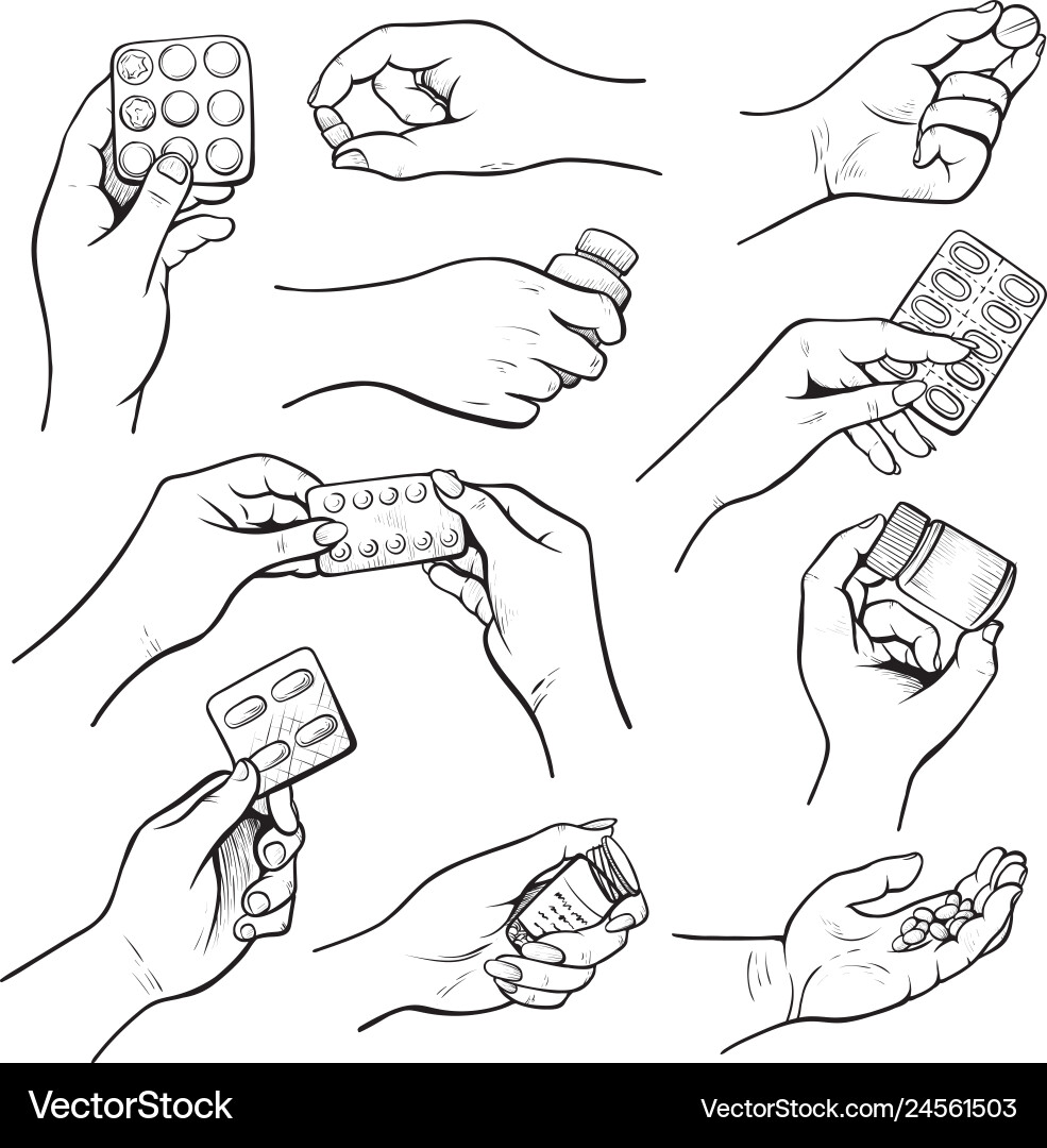 Hands with Medication Sketch Set vector image