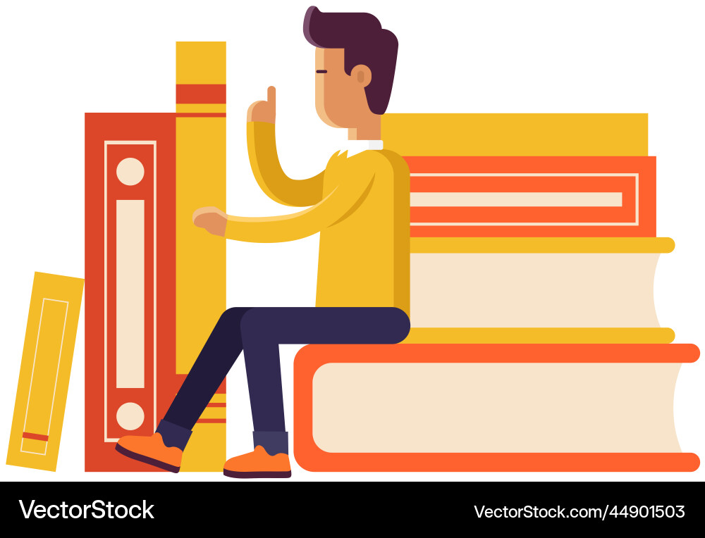 Man reader sitting on stack of textbooks creative Man reader sitting on stack of textbooks creative Vector Image
