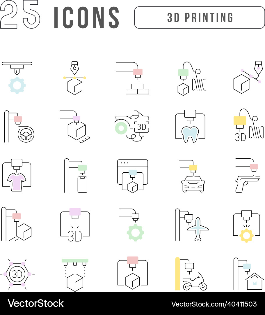 Set of linear icons 3d printing vector image
