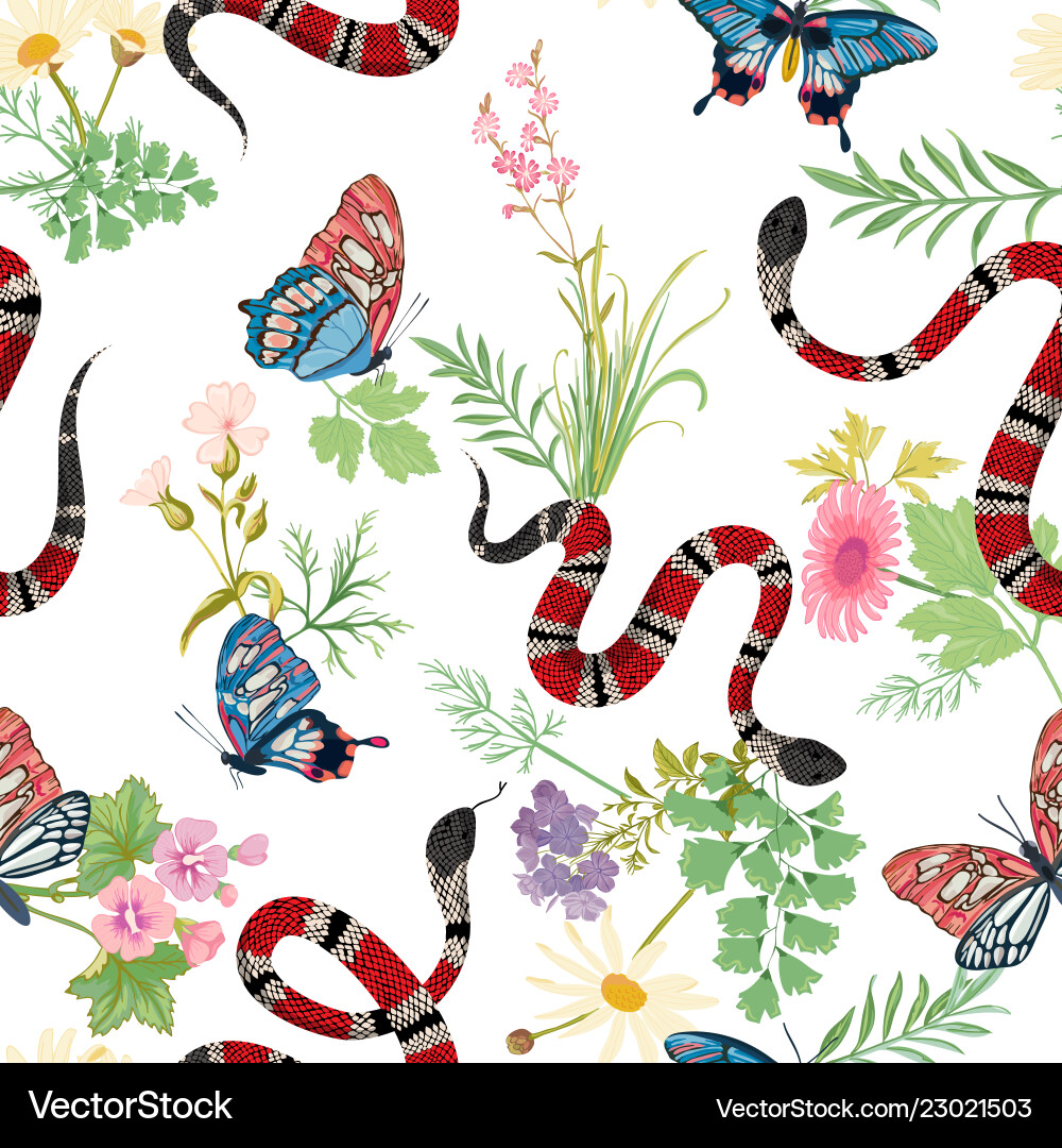 Snakes and tropical butterflies seamless pattern Snakes and tropical butterflies seamless pattern vector image
